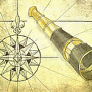 Compass And Monocular Poster