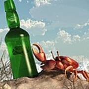 Crab With Bottle On The Beach Poster