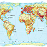 Digital Illustration Of Map Showing World Population Areas Poster