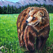 Grizzly Bear In Field Of Flowers Painting Poster