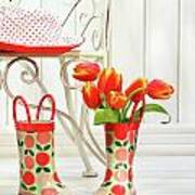 Iron Chair With Little Rain Boots And Tulips Poster