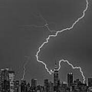 Lightning Bolts Over New York City Bw Poster