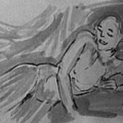 Nude Acrylic Watercolor Of Young Female Figure Reclining On Couch In Monochromatic And Black White Poster