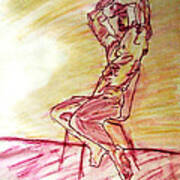 Nude Man Sitting On Chair By Wall In Yellow Purple Sketch Watercolor Arms High Gazing Out View Poster