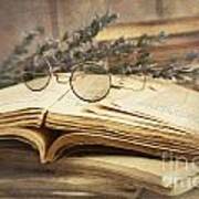 Old Books Open On Wooden Table Poster
