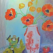 White China Vase With Poppies Poster