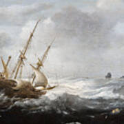 Ships In A Storm On A Rocky Coast Poster