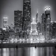 Black And White Chicago Night Skyline Poster