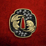 Japanese Katana Tsuba - Twin Gold Fish On Black Steel Over Red Velvet #1 Poster