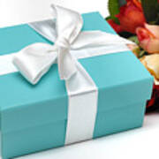 Little Blue Gift Box And Flowers #1 Poster