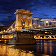 Szechenyi Chain Bridge In Budapest At Night #1 Poster