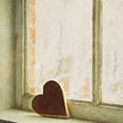 Wooden Heart On A Window Sill #1 Poster