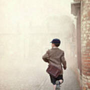 1940s Schoolboy Running Down A Terraced Street Poster