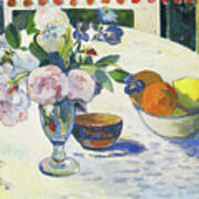 Flowers And A Bowl Of Fruit On A Table #5 Poster
