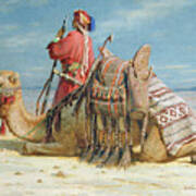 A Nomad And His Camel Resting In The Desert Poster