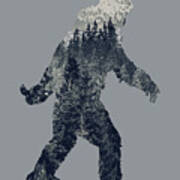 A Sasquatch Bigfoot Silhouette Hiking The Tundra Deep Forest Poster