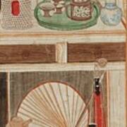 A Shelf With A Tea-set, Tea Caddies, Flowers And A Sun-fan Poster