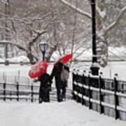 Winter Under Red Umbrellas Poster