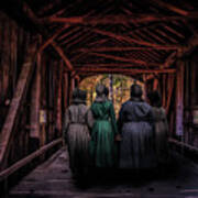 Amish Girls In Covered Bridge Poster