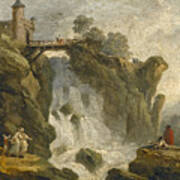 An Artist Sketching With Other Figures Beneath A Waterfall Poster
