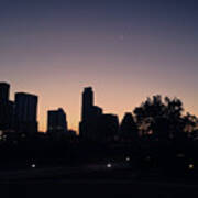 Austin Skyline Sunrise Into A Crescent Moon Poster