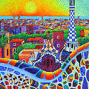 Barcelona Park Guell Sunrise Gaudi Tower Textural Impasto Knife Oil Painting By Ana Maria Edulescu Poster