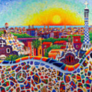 Barcelona Sunrise Colors From Park Guell Modern Impressionism Knife Oil Painting Ana Maria Edulescu Poster