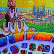 Barcelona Sunrise View Park Guell Abstract City Impressionism Knife Oil Painting Ana Maria Edulescu Poster