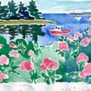 Beach Roses Red Boat Coastal Floral Landscape Watercolor Poster