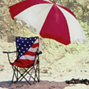 Beach Time - U. S. A. Flag Chair And Umbrella Poster