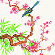 Bird On Branch With Pink Flowers, Painting Poster