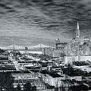 Black And White Panorama Of San Francisco Skyline And Oakland Bay Bridge From Ina Coolbrith Park Poster