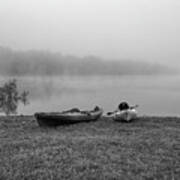 Black And White Photograph Of A Foggy Day On The Lake With Two Canoes By The Water At Table Rock Poster