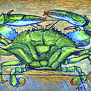 Blue Green Crab On Wood Poster