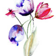 Blue Tulips Flowers With Wild Flowers Poster