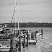 Boats In Icy Harbor In Black And White Poster
