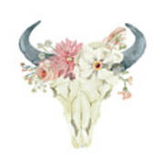 Boho Bull Skull Watercolor Floral Anemone Tribal Decor Poster