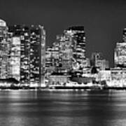 Boston Skyline At Night Panorama Black And White Poster