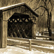 Cedarburg Covered Bridge In Winter Sepia Poster