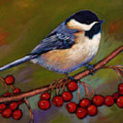 Cherries And Chickadee Poster