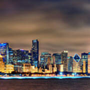 Chicago Skyline At Night Panorama Color 1 To 3 Ratio Poster