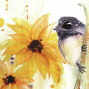 Chickadee And Sunflowers Poster