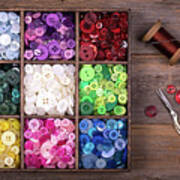 Colourful Buttons With Needle, Thread And Scissors Poster