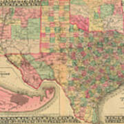 County Map Of Texas By S. A. Mitchell 1881 Poster