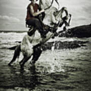 Cowboy On The Rear Up Horse In The River Poster