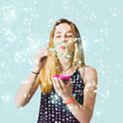 Creative Woman Blowing Birthday Party Bubbles Poster