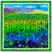 Day And Night In A Sunflower Field With Floral Border Poster