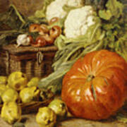 Detail Of A Still Life With A Basket, Pears, Onions, Cauliflowers, Cabbages, Garlic And A Pumpkin Poster