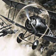 Dog Fight Between British Biplanes And A German Triplane Poster