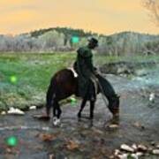 Drinking In The River Horseman Lit By Fireflies Poster